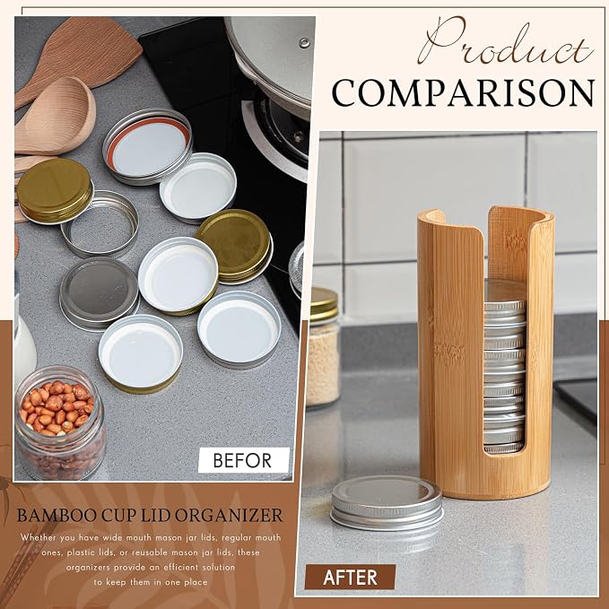 Suclain 2 Pcs Mason Jar Lid Organizer (Only for Regular Mouth) Bamboo Vertical Mason Jar Lid Storage Accessories Tumbler Lids Holder Cup Lids Organizer for Home Kitchen Countertop Cupboard