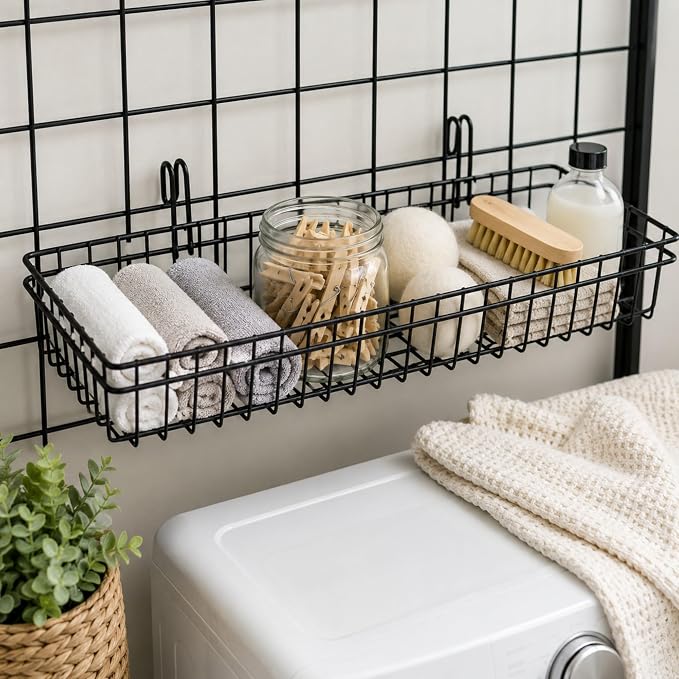 ANZOME Grid Wall Baskets, 4 Pack Black Wire Mesh with Hooks | Hanging storage bins for craft room, retail, office & pantry, built-in mounting clips, display shelf organizer, sturdy quad
