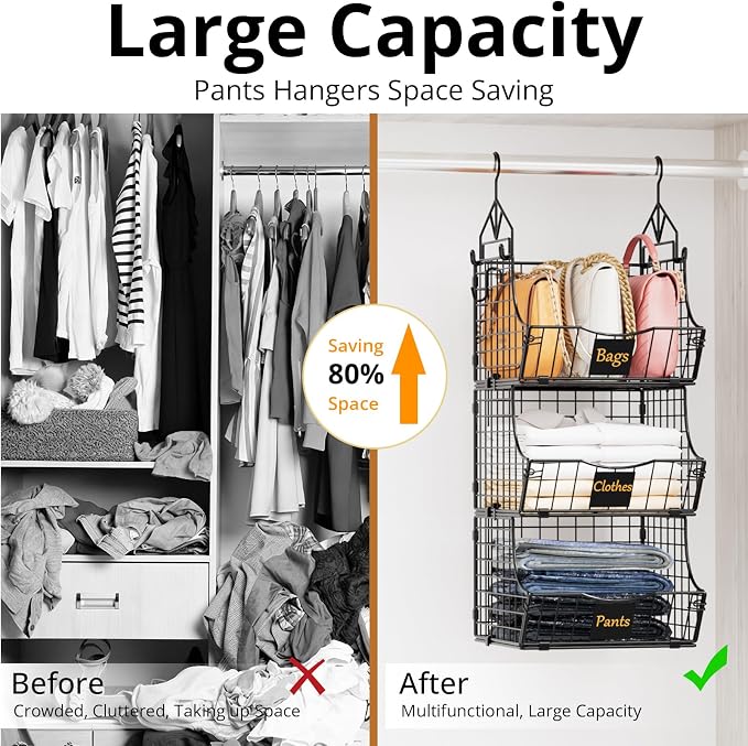 Hanging Closet Organizers and Storage, 3 Tier Closet Shelf Clothes Organizer with 2 S-Hooks, Multi-Functional Iron Wire Baskets, for Clothing, Sweaters, Handbags, Hat, Canned