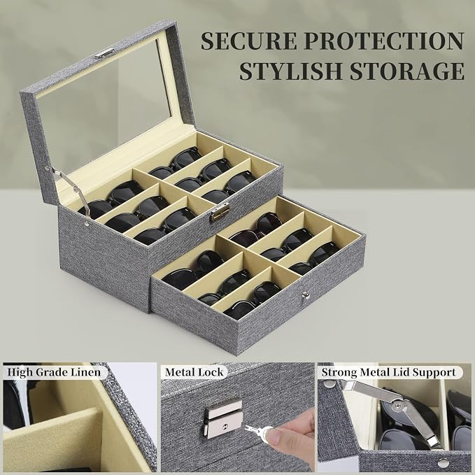 AUTOARK Linen Eyeglasses Storage Case Organizer,12 Piece,Grey,AW-096 | Sunglass Display, Drawer Lockable