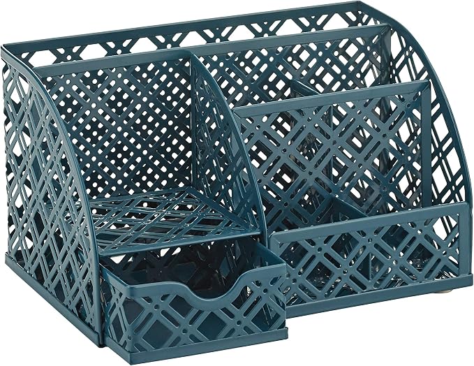 Exerz Desk Organizer Aegean Blue Office Desk Accessories Supplies Office Storage Desktop Pencil Pen Holder with Drawer Home Workspace