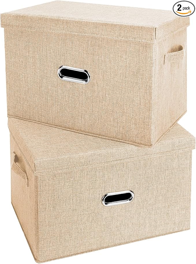 Large Linen Fabric Foldable Storage Bins with Removable Lid and Handles, Washable Storage Box Organizer Containers Baskets Cube with Cover for Bedroom,Closet,Office (Khaki, XXL(2-Pack))