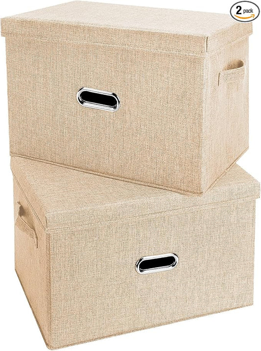 Large Linen Fabric Foldable Storage Bins with Removable Lid and Handles, Washable Storage Box Organizer Containers Baskets Cube with Cover for Bedroom,Closet,Office (Khaki, Large(2-Pack))