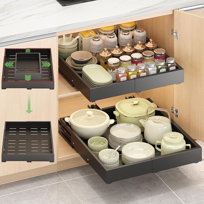 1 Pcs Pull Out Drawers for Cabinets Organizer Expandable Width(11.8"-19.4"), Depth(16.45"-21.7") With 3 Rails, No Drill Roll Out Drawer, Adhesive Sliding Drawers (Black)