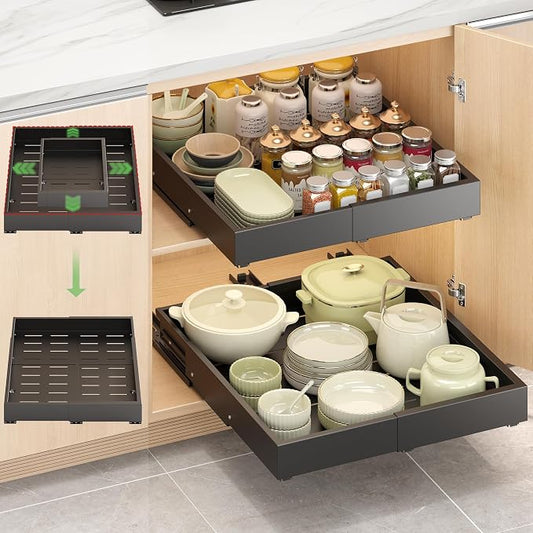 1 Pcs Pull Out Drawers for Cabinets Organizer Expandable Width(11.8"-19.4"), Depth(16.45"-21.7") With 3 Rails, No Drill Roll Out Drawer, Adhesive Sliding Drawers (Black)