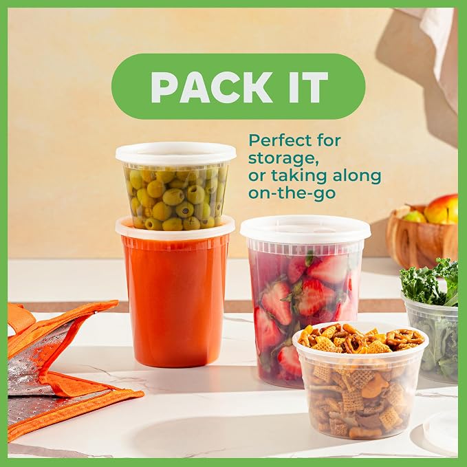 JoyServe 16 Sets Deli Containers with Lids – 16oz & 32oz – Leak Proof, Microwaveable, Dishwasher & Freezer Safe – Plastic Food Storage & Soup Containers