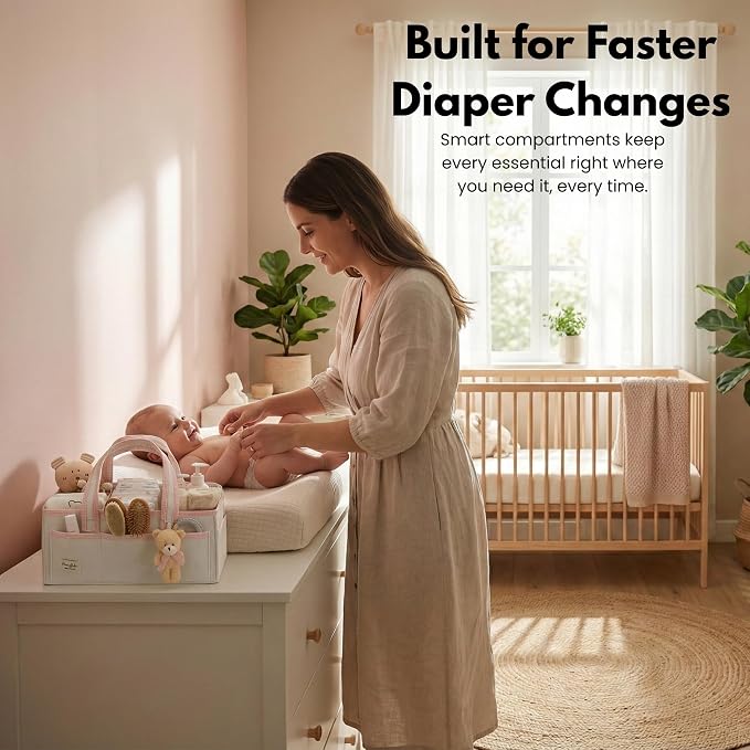PeraBella Baby Diaper Caddy Organizer, Baby Basket Shower Gift Caddy, Portable Felt Changing Table Basket, Nursery Storage Bin, Newborn Boy and Girl Essentials for Registry, Car Diaper Organizer