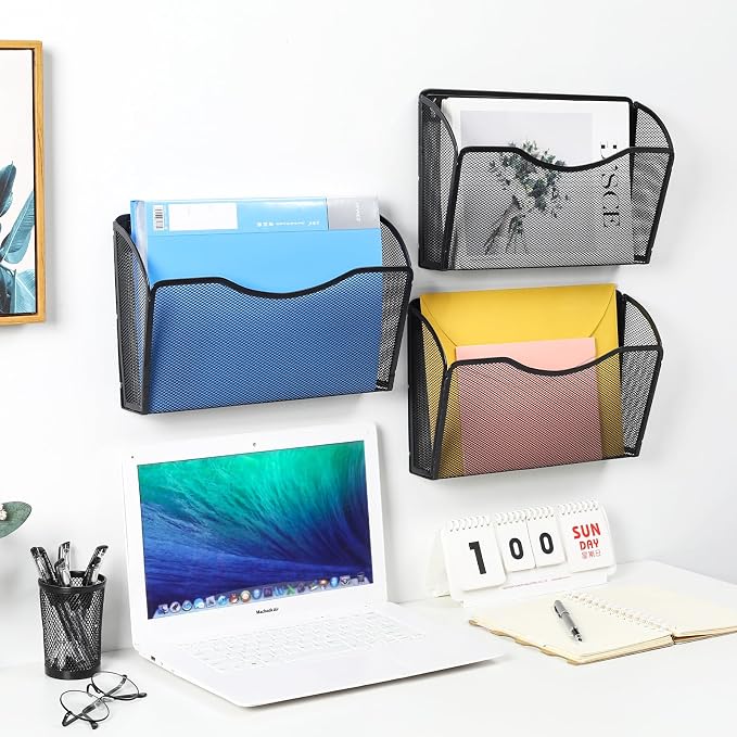 PAG 6 Pockets Wall File Organizer Metal Mesh Hanging Document Paper Holder Wall Mount Magazine Rack for Business Home Office Classroom, Black
