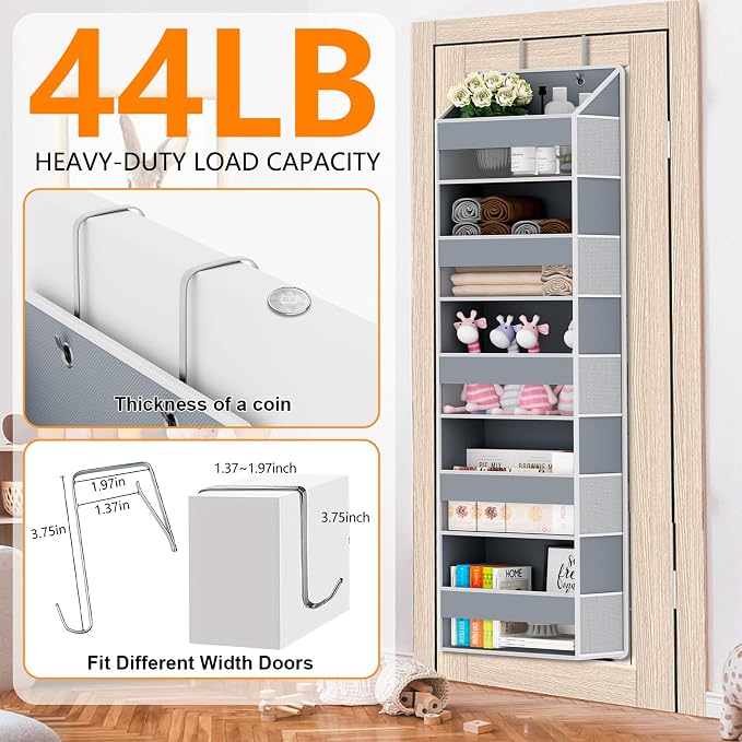 Over The Door Organizer - Over Door Storage Organizer with 5 Large Pockets & 10 Mesh Side Compartments - Heavy-Duty Hanging Storage for Bathroom, Bedroom & Closet - Baby Room Organize - Grey