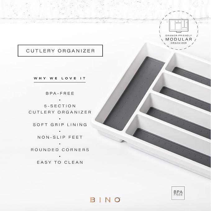 BINO | 5-Slot Silverware Organizer | Small Frosted Cutlery Tray | Silverware Storage for Drawer | BPA-Free Plastic Organizers with Soft-Grip Lining and Rounded Corners