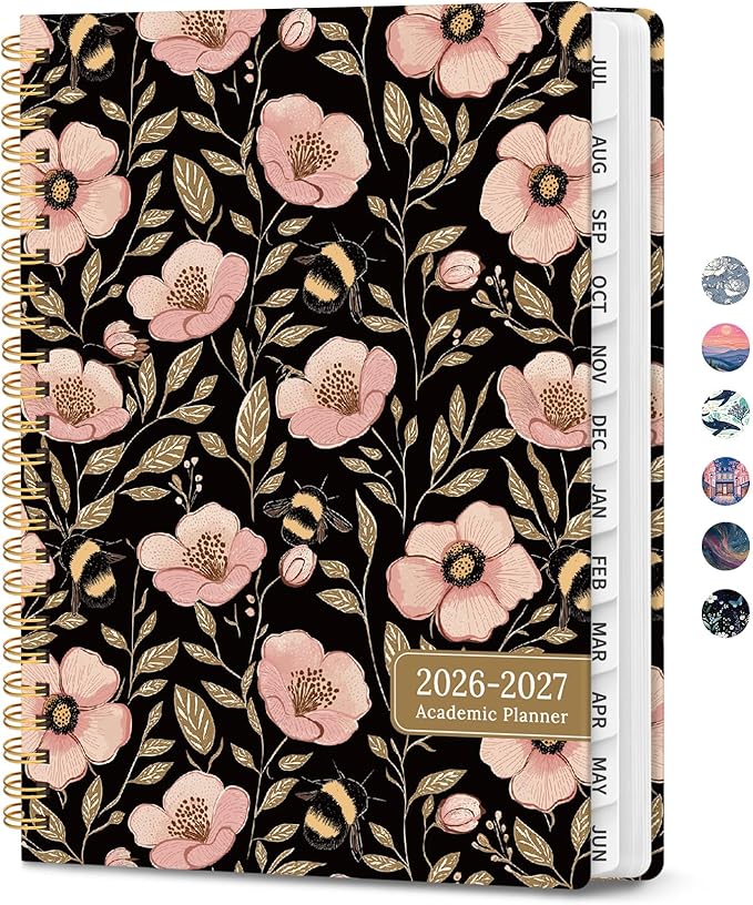 Planner 2026-2027, Hardcover Monthly and Weekly Academic Planner July 2026 - June 2027, Teacher and Student Calendar Agenda Book with Tabs, A5 (6.3" x 8.5"), Ideal for School and Office, Bee Blossom