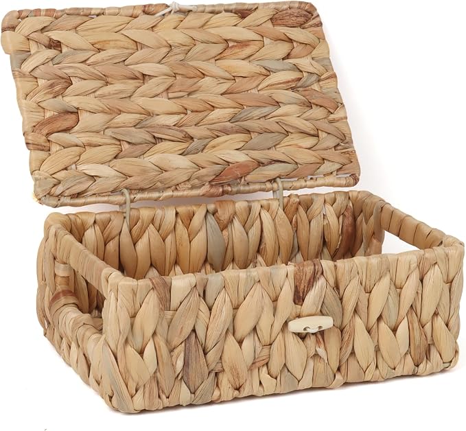 Moosky Wicker Shelf Baskets with Lid, Rectangular Storage Basket Bins with Handles Handwoven Home Desk Organizer Decor Boxes (Natural, X-Small)