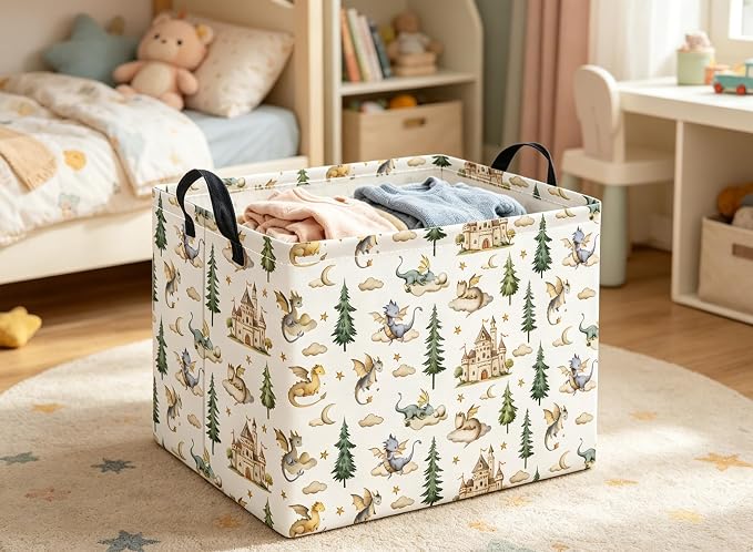 Rectangular Baby Kids Storage Basket for Home Kitchen Girls Cute Toy Storage Bin Organizer Shelf Book Room Decor(Castle Dinosaur)