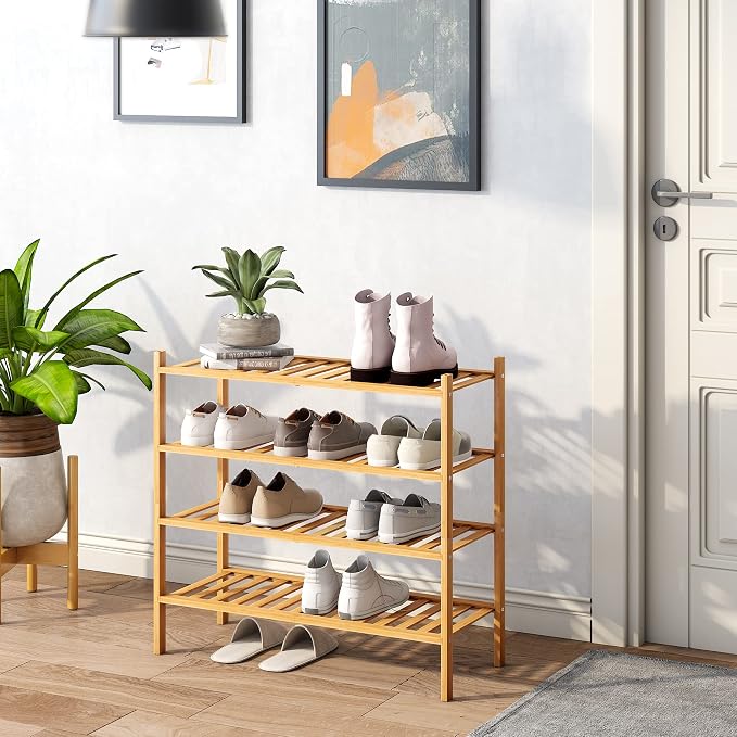 BMOSU 4-Tier Bamboo Shoe Rack Premium Stackable Shoe Shelf Storage Organizer for Hallway Closet Living Room Entryway Organizer (Natural Bamboo)
