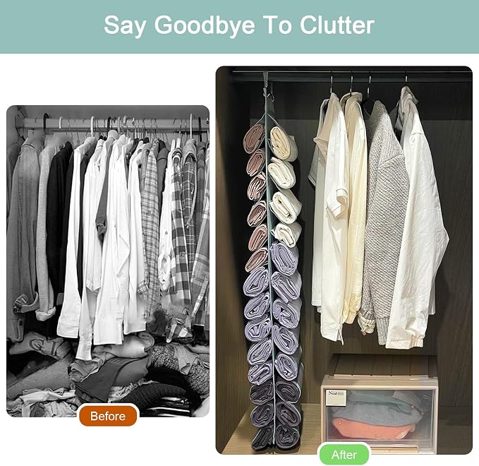 DHSFKBE Legging Organizer Storage, T-Shirt Hanging Closet Hanging Clothes Organizer with 26 Roll Compartments for Yoga Pants, Tank Top, Towel, Underwear, Shirt (Grey)