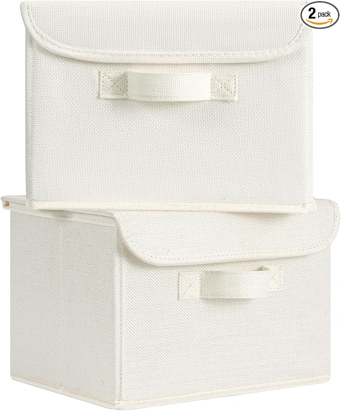 GRANNY SAYS Small Storage Bins with Lids, Small Storage Boxes, Shelf Baskets for Shelf, Collapsible Storage Bins for Living Room, Bedroom, 10x8x7 Inch, Ivory White, 2-Pack