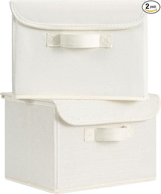 GRANNY SAYS Small Storage Bins with Lids, Small Storage Boxes, Shelf Baskets for Shelf, Collapsible Storage Bins for Living Room, Bedroom, 10x8x7 Inch, Ivory White, 2-Pack