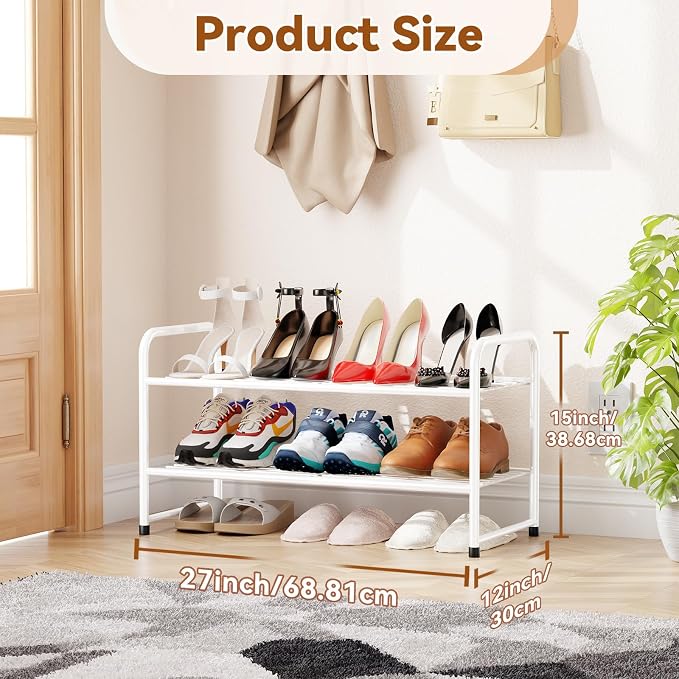 Simple Shoe Rack, 2 Tier Heavy Duty Metal Shoe Shelf 27 Inch Wide, White