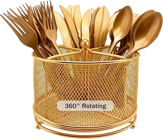 DysanVica 360° Rotating Metal Utensil Caddy - 4 Compartment Silverware Cutlery Holder Rotation Fork Spoon Napkin Organizer Flatware Storage Basket Party Countertop Buffet Picnic Camping Outdoor Gold