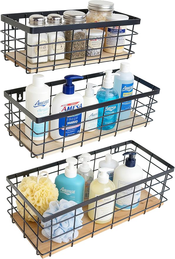 ShabbyDecor Metal Wire Basket for Kitchen Cabinets,Pantry,Bathroom,Set of 3 | Metal Storage Organizer with detachable Wood Base, Farmhouse Hanging Basket