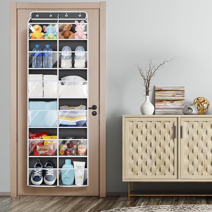 Univivi Over The Door Organizer, 6 Tiers Behind Door Storage with Clear Deep Pockets Hanging Organizer for Closet, Bedroom, Nursery, Bathroom and Sundries (Dark Grey)