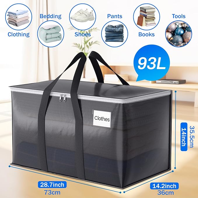 ElegantArray 2 Pack Moving Bags Heavy Duty, Moving Boxes, Storage Bags with Zipper & Handles & Tag for College & Dorm Moving Supplies Grey Laundry Hamper Bag, Foldable Space-saving Totes (93L, Grey)