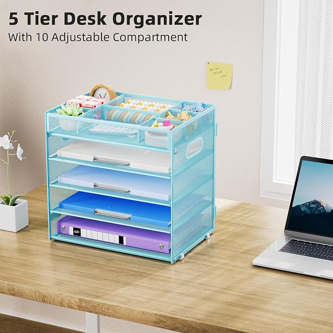 Marbrasse 5 Tier Paper Organizer Letter Tray, Mesh Desk File Organizer with Handle, Paper Sorter Desk Organizer for Home Office Supplies - Blue, Adjustable