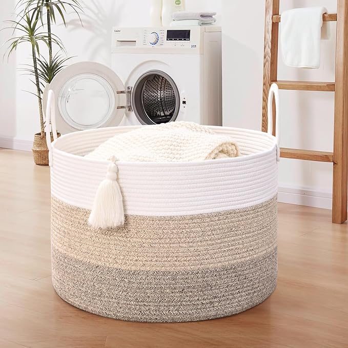 67L Large Woven Blanket Basket, Cotton Rope Baby Laundry Hamper with Handles, Kids Toy Basket for Classroom & Nursery, Soft Round Stuffed Animal Storage, Dog Toy Bin - 20"x13", Jute