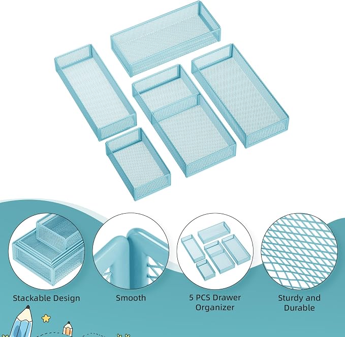 Marbrasse 5 Pack Desk Drawer Organizer Set, Mesh Drawer Storage Trays with 1 Adjustable Divider, Desk Organizers and Accessories, 5 PCS Drawer for Office Supplies, Makeup & Vanity (Blue)