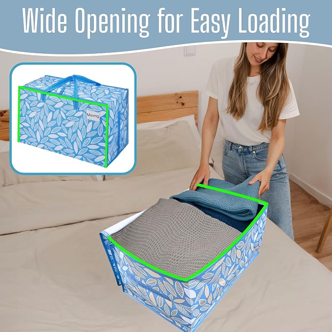 VENO 4 Pack Extra Large Heavy Duty Moving Bags with Wide Opening & Reinforced Handles, Reusable Storage Tote Bags with Strong Zippers for Clothes, College Dorm Essentials & Moving Supplies