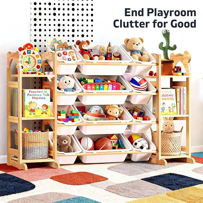Toy Storage Organizer with 6 Shelves and 12 Bins, Toy Organizers and Storage Shelf with Bookshelf and Bookcase, Toys Box for Kids Room & Playroom & Bedroom & Nursery