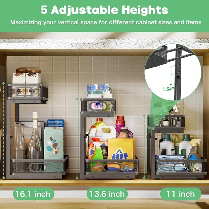 Under Sink Organizer 2 Pack, High Adjustable 2 Tier Under Sink Organizers and Storage, Slide out Metal Cabinet Organizers, Pull out Storage Drawer Shelf for Kitchen Bathroom Cabinet (Black-1pack)