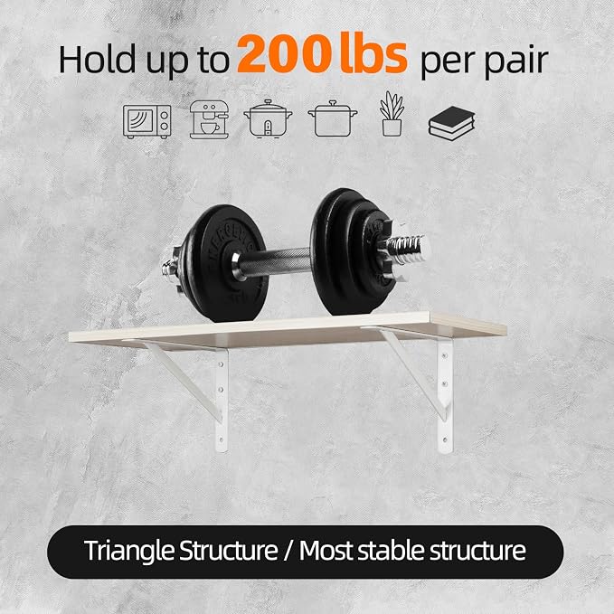 HOME MASTER HARDWARE 10 x 8 inch Metal Shelf Brackets, 90° Triangle L-Bracket, Wall Mount Supports for Floating Shelves w/ Screws, White 10-Pack