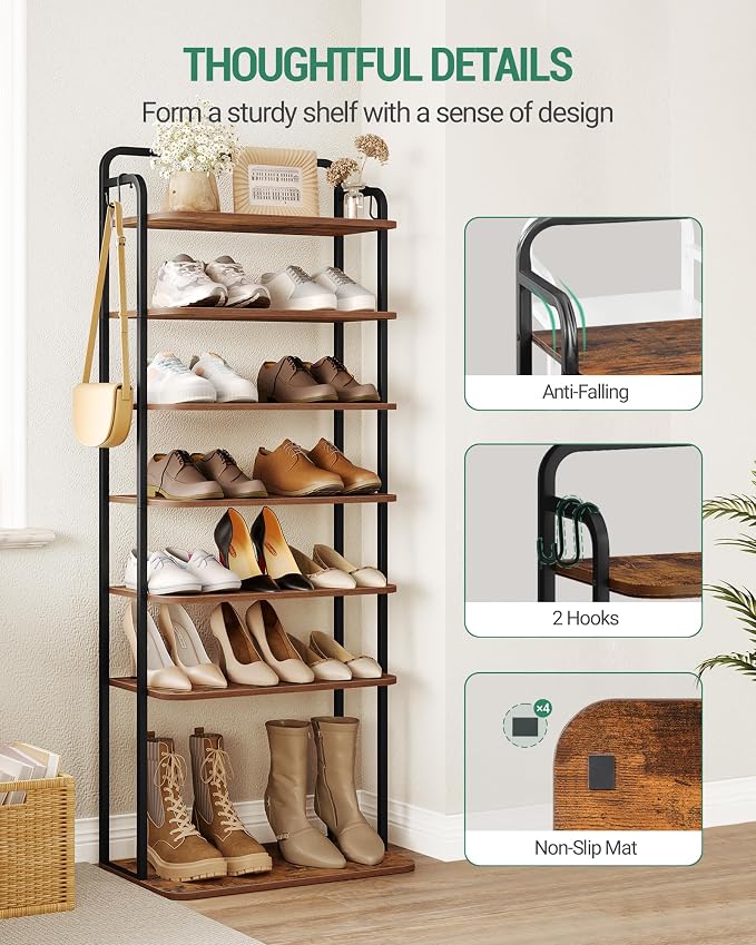 Hzuaneri 8 Tiers Widened Vertical Shoe Rack, Narrow Shoe Tower, Tall Shoes Shelf with 2 Hooks, Adjustable Shelves, Corner Shoes Shelves for Small Spaces, Entryway, Living Room, Rustic Brown SR12501B