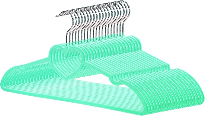 Velvet Hangers 20 Pack,16 Inch Non Slip Adult Heart Hanger (Green) | 360° Swivel Hooks, Cascade Design, Space Saving
