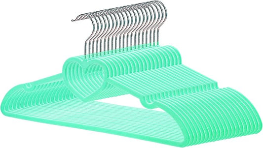 Velvet Hangers 20 Pack,16 Inch Non Slip Adult Heart Hanger (Green) | 360° Swivel Hooks, Cascade Design, Space Saving