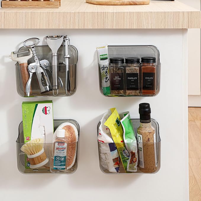 4 Pack Adhesive Kitchen Cabinet Door Organizer, Compact Pantry Organizers and Storage Box, Bathroom Storage Organizer Shelf for Narrow Space, Wall Mounted Shower Caddy Hanging Sink Caddy(Smoke Gray)