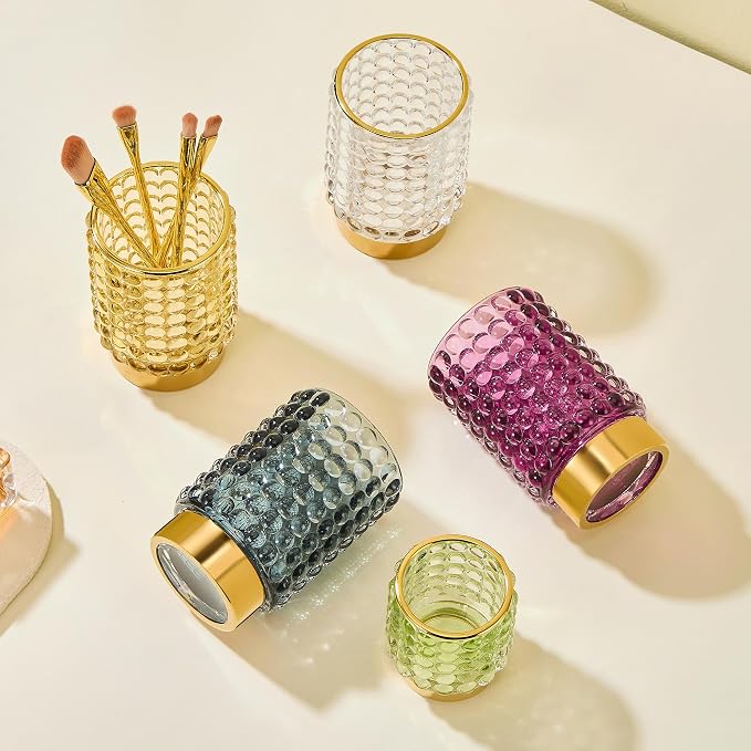 Makeup Brush Holder Organizer,Toothbrush Holders,Desk Pen Pencil Holder,Multifunctional Vintage Glass Brush Cup(A38-3-US/Gold/L)