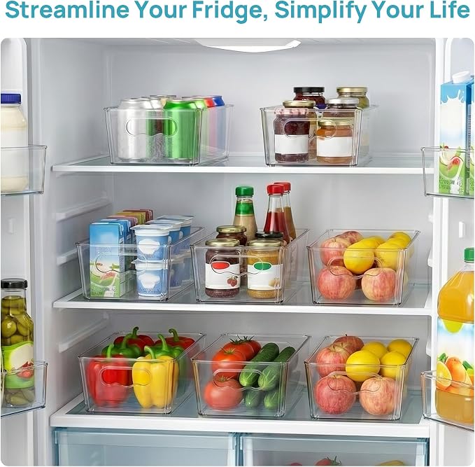 Vtopmart 8pcs Clear Organizers and Storage Bins, Plastic Storage Containers with Handles for Fridge, Freezer, Pantry, Cabinet, Kitchen Organization