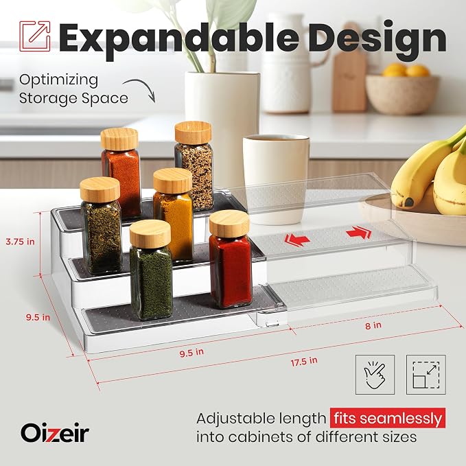 Oizeir Expandable Spice Rack Organizer for Cabinet (2 Pack), 3-Tier Clear Tiered Shelf, Non-Slip Adjustable Spice Cabinet Organizer for Kitchen Pantry, Medicine, Seasoning & Bottle Storage