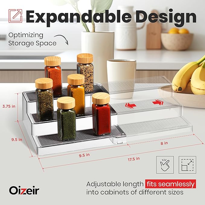 Oizeir Expandable Spice Organizer Rack - 3-Tier - Clear Adjustable Tiered Shelf Spices Organization for Kitchen Cabinet and Pantry Storage