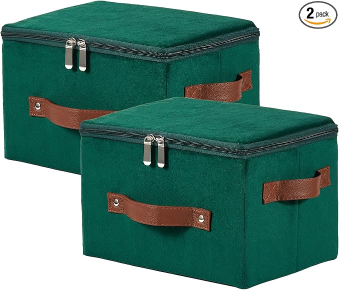 2PCS Storage Bins with Zipper Lid Velvet Fabric Storage Box Lidded Basket Foldable Washable Decorative Closet Shelf Clothes Organizer Container with PU Leather Handles (Deep Green, Small)