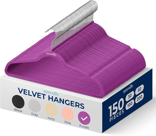 SereneLife Velvet Hangers – 150 Pack, Slim & Space Saving for Closets | Soft velvet grip prevents slipping on silk, satin & knitwear – 360° swivel hook fits all standard closet rods