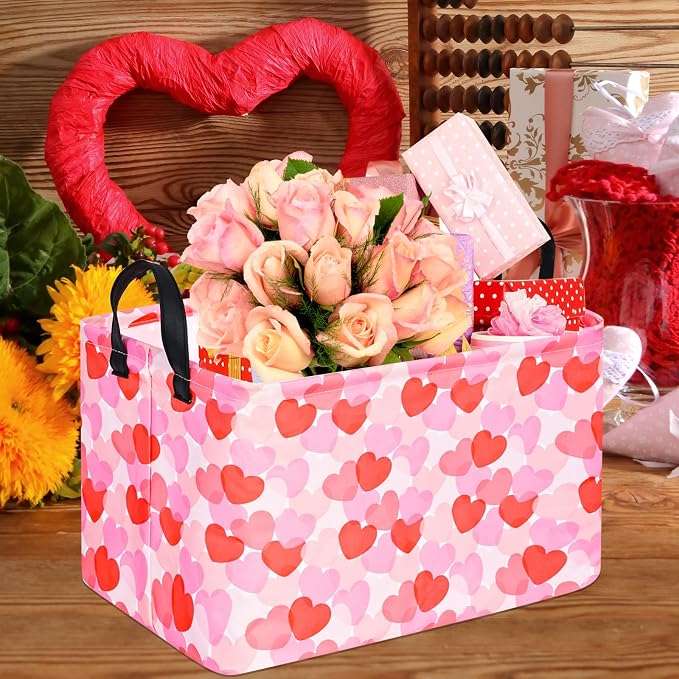 Rectangular Valentines Basket Storage Bin for Shelves Girls Gifts Baskets Foldable Box with Handles for Home Office Car Dormroom Valentine's Day Party Supplies