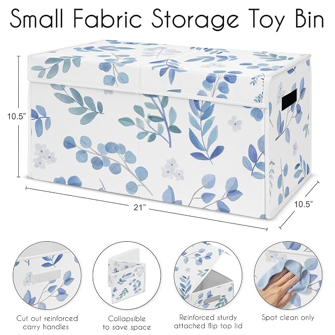 Sweet Jojo Designs Floral Leaf Boy or Girl Small Fabric Toy Bin Storage Box Chest For Baby Nursery or Kids Room - Blue Grey and White Boho Watercolor Botanical Flower Woodland Tropical Garden