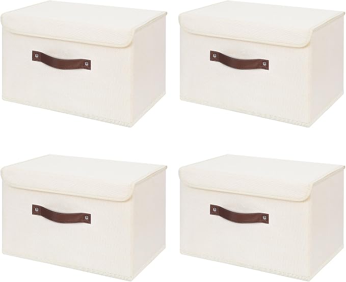 ANMINY 4PCS Storage Bin with Lid Storage Boxes with PU Leather Handles PP Plastic Board Decorative Foldable Lidded Cotton Linen Fabric Home Cubes Baskets Closet Organizer Container - Beige, Medium