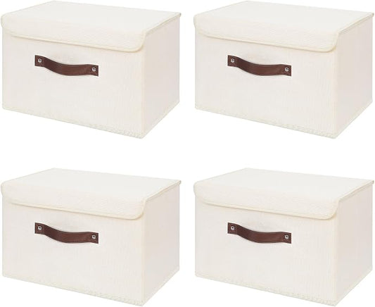 ANMINY 4PCS Storage Bin with Lid Storage Boxes with PU Leather Handles PP Plastic Board Decorative Foldable Lidded Cotton Linen Fabric Home Cubes Baskets Closet Organizer Container - Beige, Medium