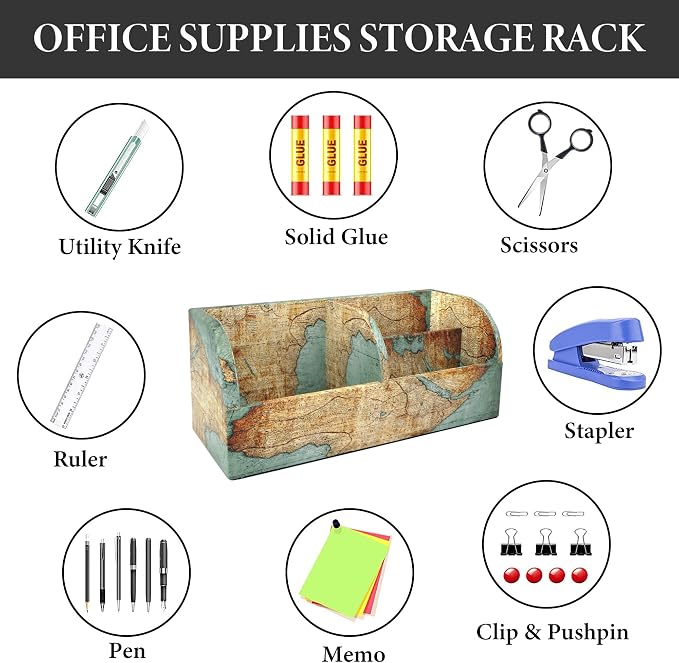 PU Leather Supply Organizer,Remote Control Holder Multifunctional Office Stationery Storage Box Organizer,Pencil Holders Organizers Table Top Desktop Desk Accessories(1-Vintage Map)