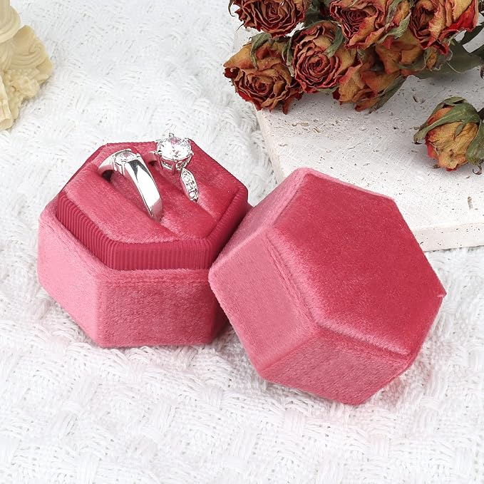 DesignSter Hexagon Velvet Ring Box - Premium Gorgeous Vintage Double Ring Display Holder with Detachable Lid for Proposal, Engagement, Wedding, Ceremony(Hot pink)