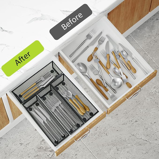 Neudeco Silverware Organizer, Black, 9 x 3 x 2 inch, Pack of 12 | Mesh Drawer Organizer, Metal Construction, For Kitchen Utensils & Flatware, Multi-Purpose Use